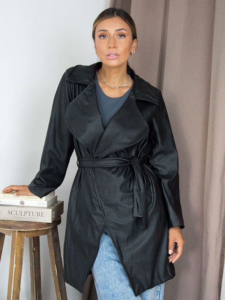 Σακάκι μακρύ δερμάτινο μαύρο Πανωφόρια dermatino jacket me giaka